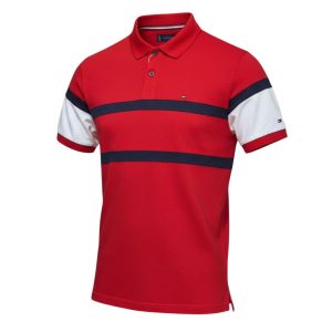 Camiseta Roja con Cuello con Franja Azul